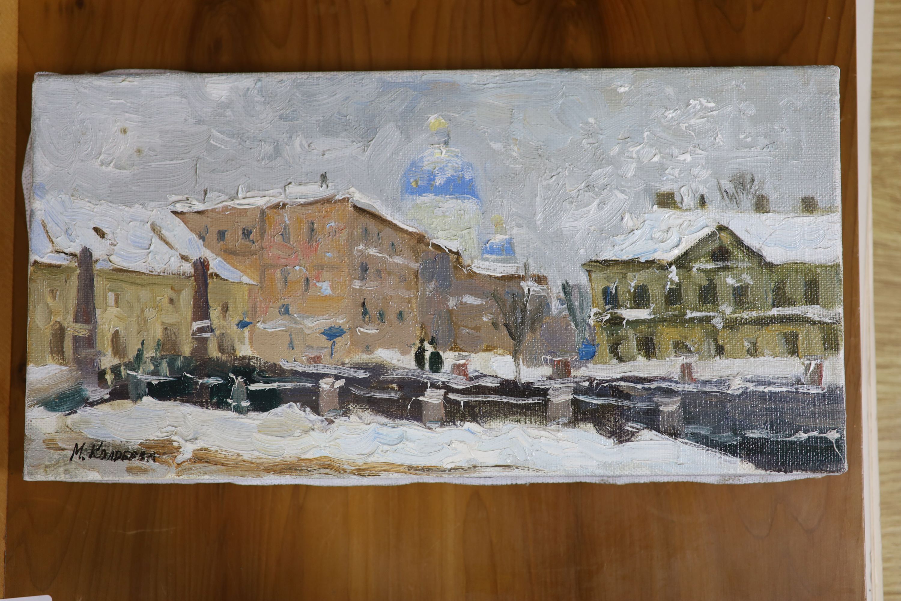 Margarita Alexandrovna Kolobova (b.1983), oil on canvas, View of St Petersburg, signed, 15 x 30cm, unframed